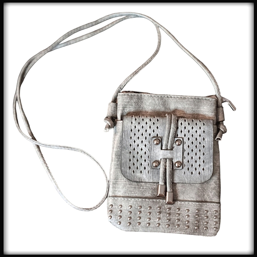 Gray Leather Studded Mini Crossbody Bag